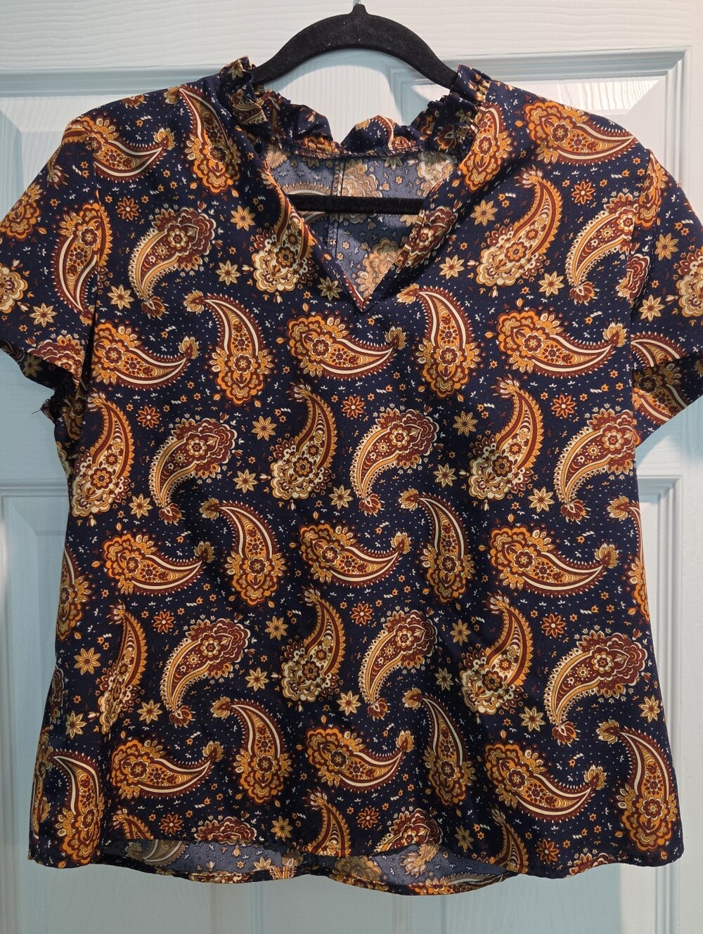 SHEIN Navy Paisley Ruffle V-Neck Short Sleeve Blouse